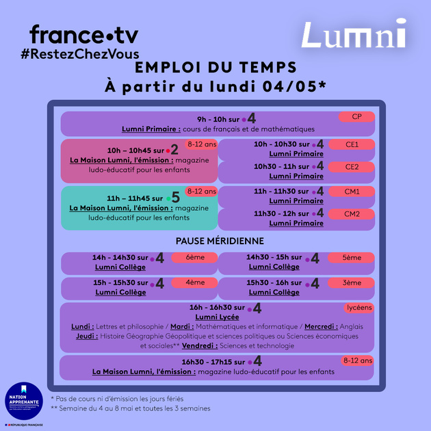 Emploi du temps à partir du 4 mai