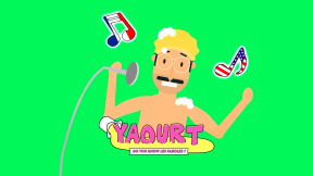 Dessin d’un homme qui chante sous sa douche et logo Yaourt