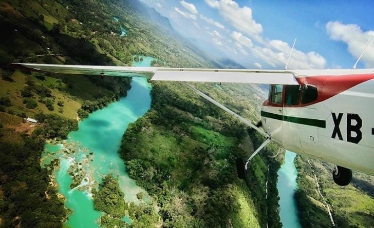 Le Cessna survolant une forêt traversée par une rivière