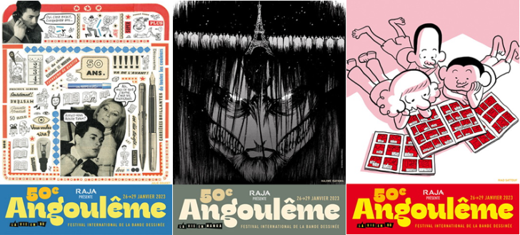 De gauche à droite, affiches de Julie Doucet, Hajime Isayama, Riad Sattoufdroite, affiches de Julie Doucet, Hajime Isayama, Riad Sattouf