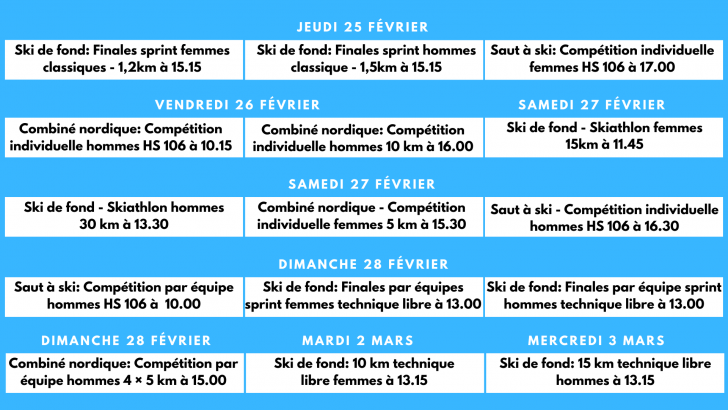Calendrier des épreuves du 25 février au 3 mars