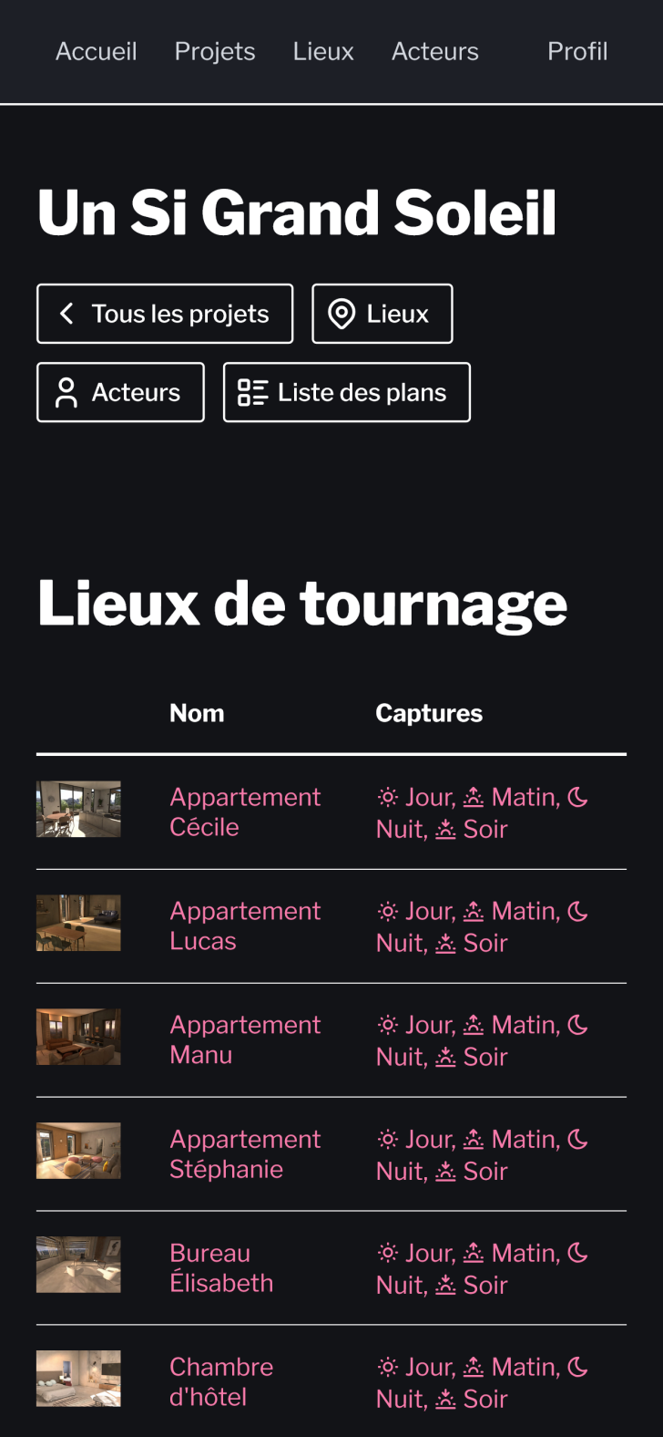 Exemple de lieux de tournage proposés aux réalisateurs pour visualisation s