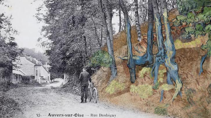 Apposition d'une image d'archive et du dernier tableau de Van Gogh