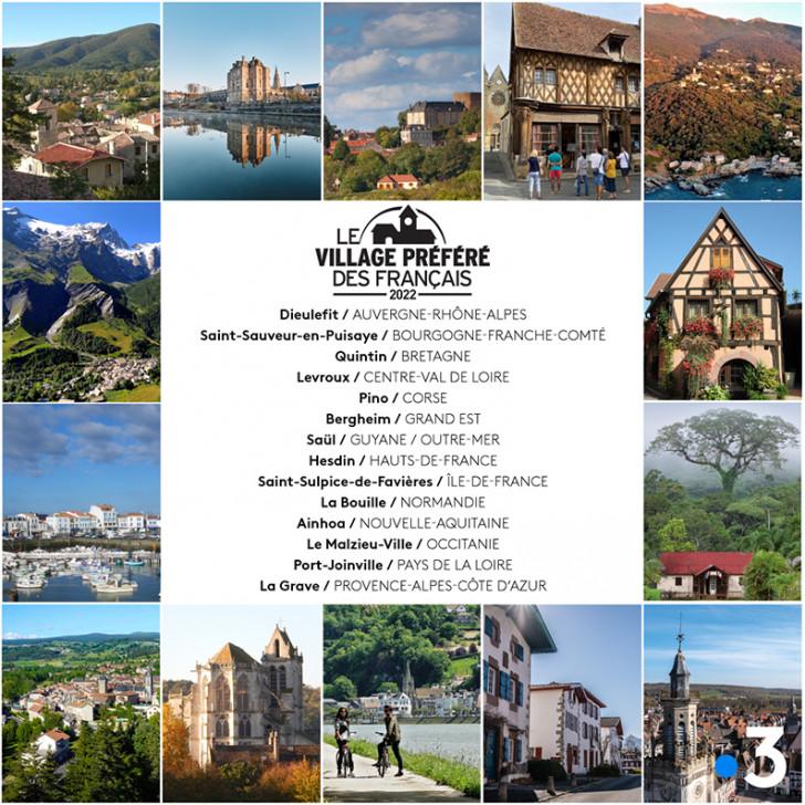 Montage photo des quatorze villages en compétition (au centre, un texte reprenant leur nom et la région représentée)