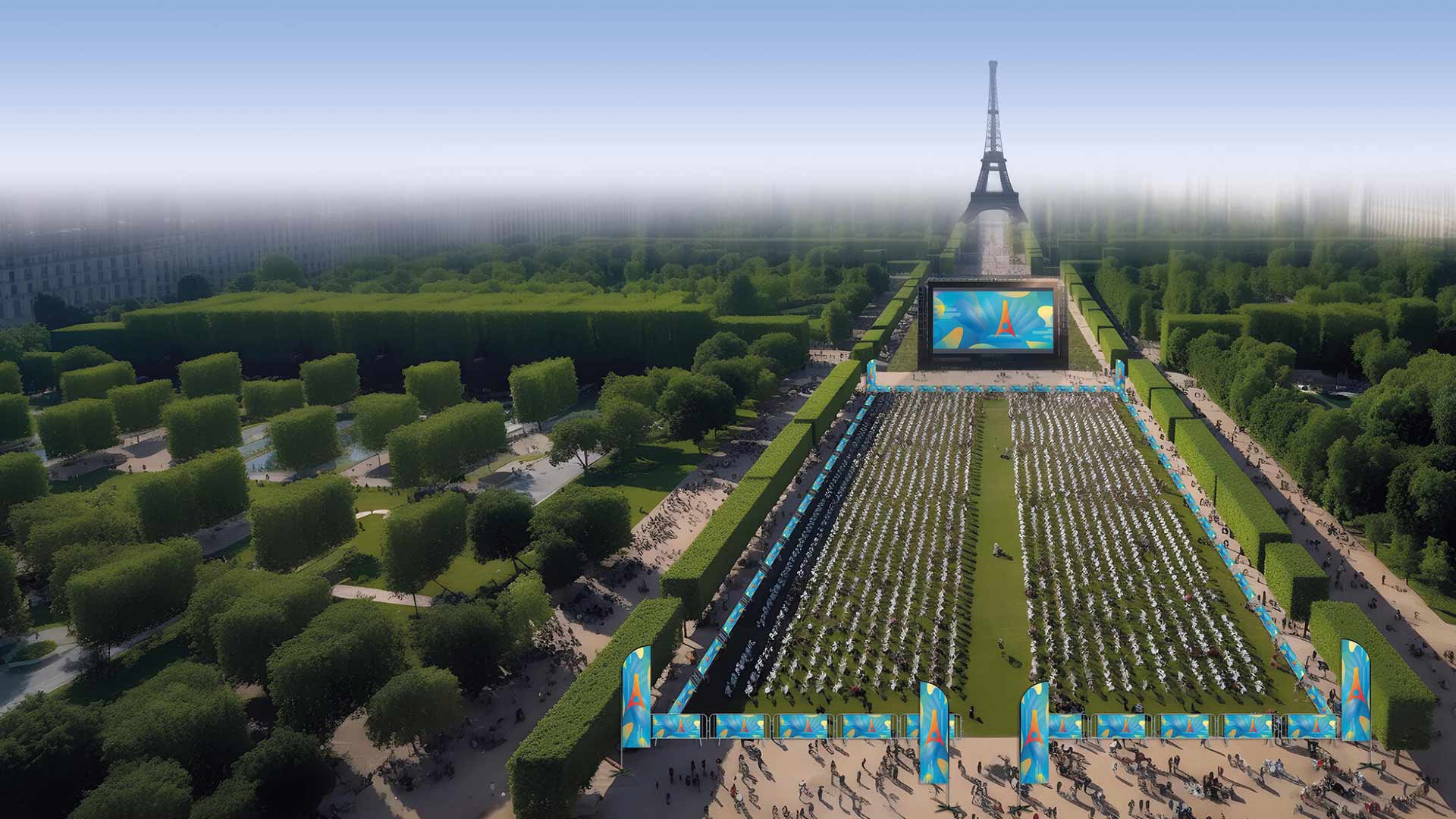 Illustration du Champ-de-Mars aux couleurs des JO 2024