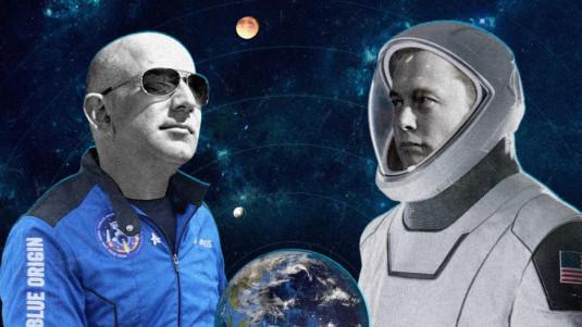 Photo montage de Jeff Bezos et de Elon Musk (tous les deux en tenue spatiale)