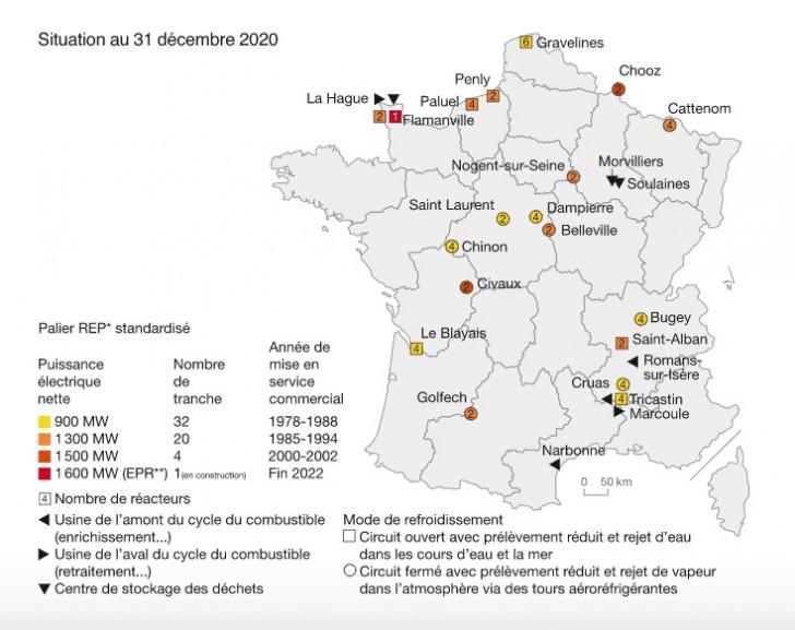 Carte des sites nucléaires en France 