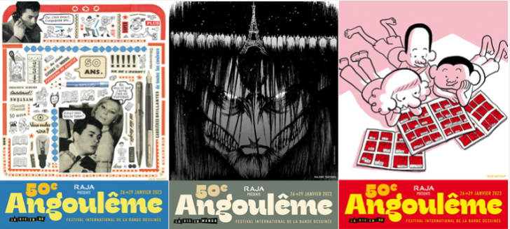 50e Angoulême. Affiches de :  Julie Doucet, Hajime Isayama, Riad Sattouf 