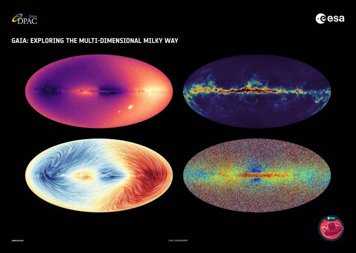 This image shows four sky maps made with the new ESA Gaia data released on 13 June 2022