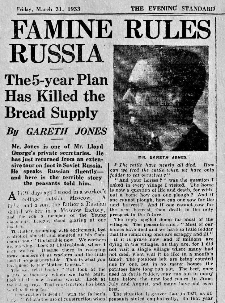 Extrait de l' article de Gareth Jones révélant la famine en Ukraine, paru dans « The Evening Standard » le 31 mars 1933.